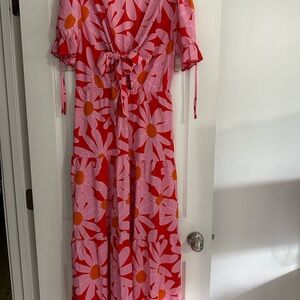 Red and Pink Floral Ruffled Maxi Dress with Bow Tie Summer Flower Dress